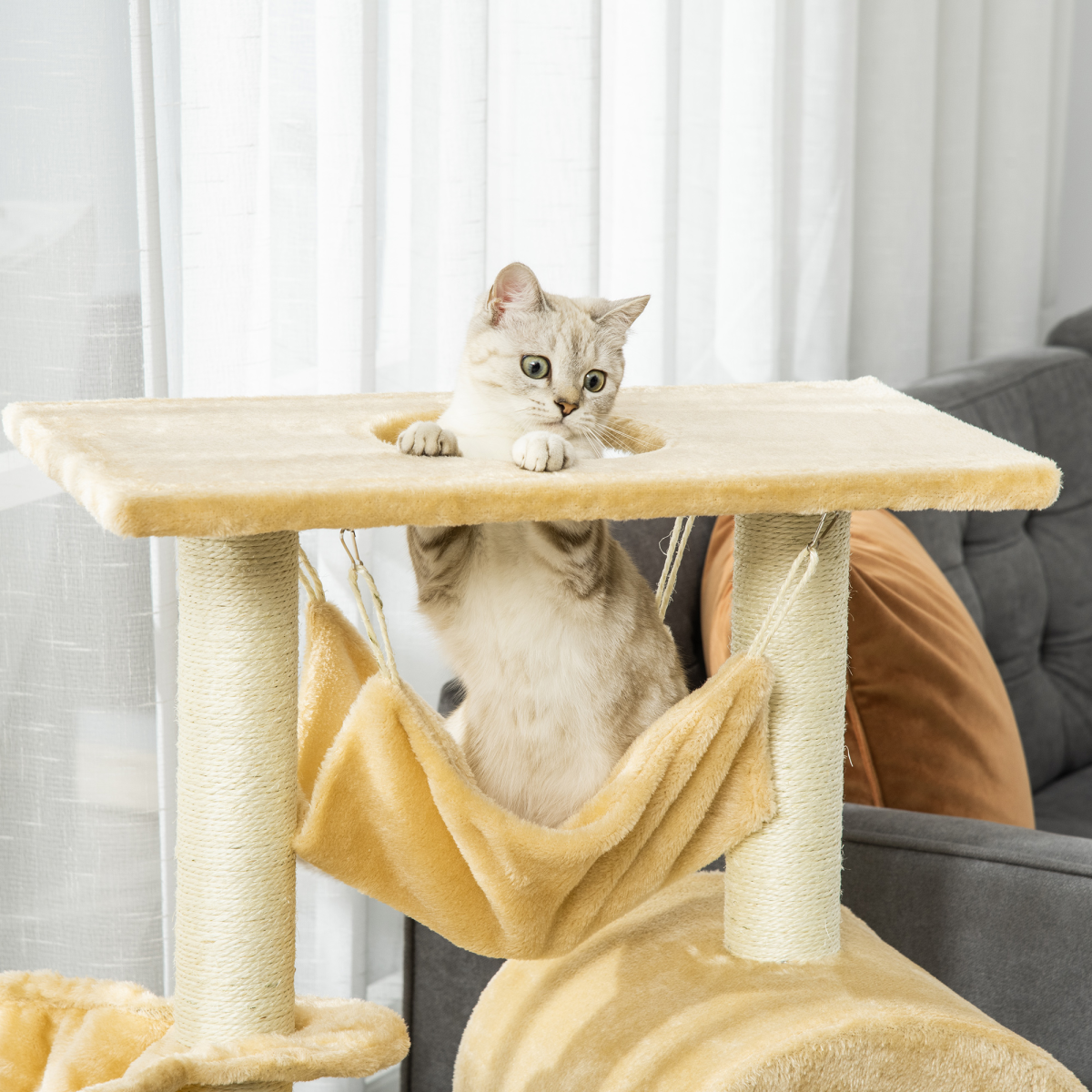 Cat Tree for Indoor Cats Scratching Post w/ Hammock House Bed Basket Pawhut