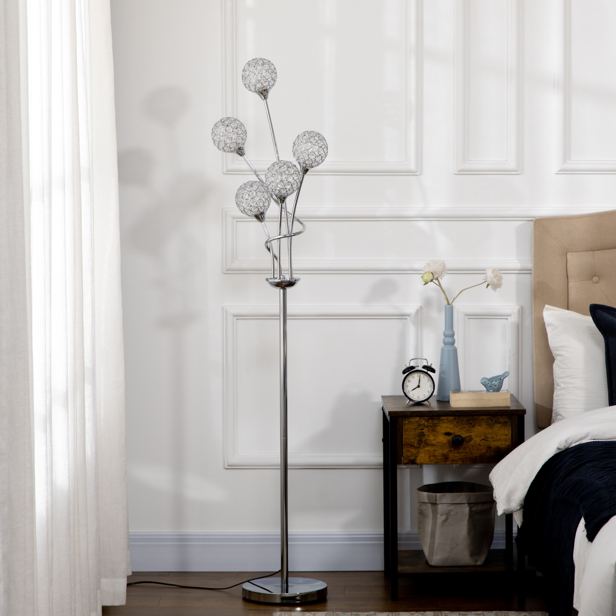 K9 Crystal Floor Lamp for Living Room, 5 Light Upright Standing Lamp, Silver