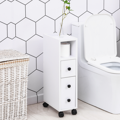 Slimline Bathroom Storage Unit w/ 2 Drawers 2 Open Compartments Wheels White