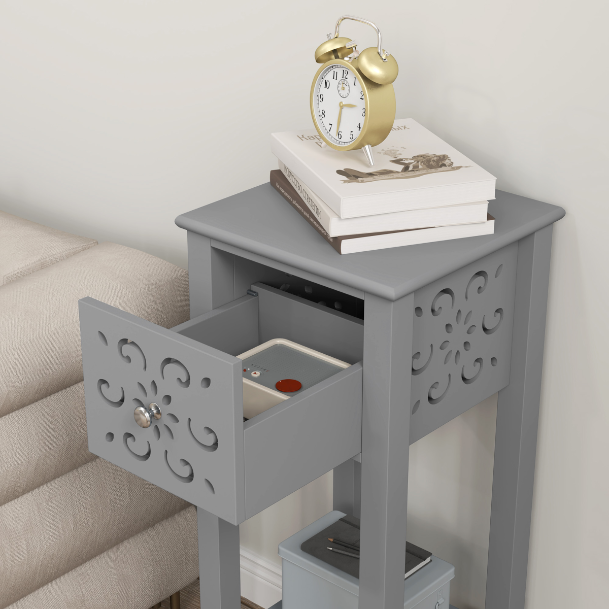 Elegant Floral Design Grey MDF Storage Unit Set - Durable & Stylish