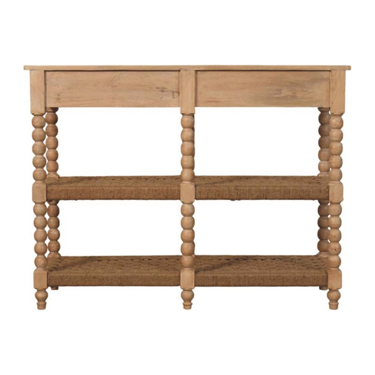 Artisan Furniture Solid Wood Savoy Bobbin Console with Jute Shelves, 2 Drawers, 4 Shelves, Beige