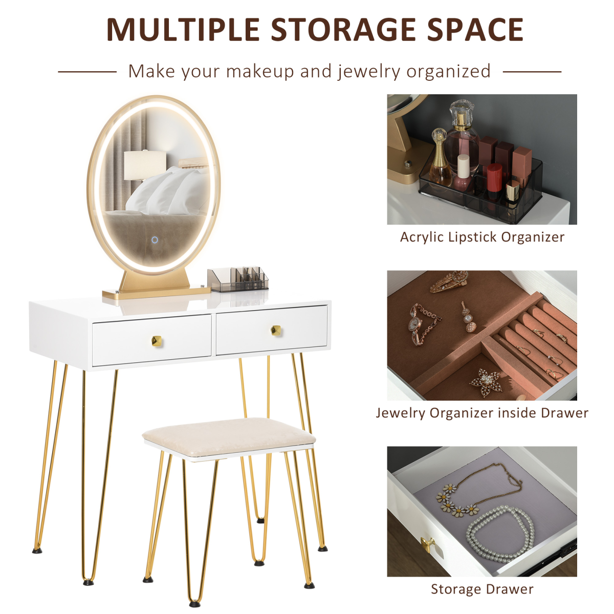 Dressing Table Set With LED Mirror & Stool 2 Drawers Makeup Desk