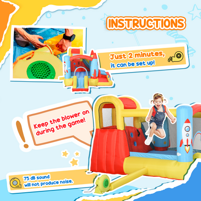 Bouncy Castle with Slide Pool Rocket Trampoline w/ Carrybag Blower