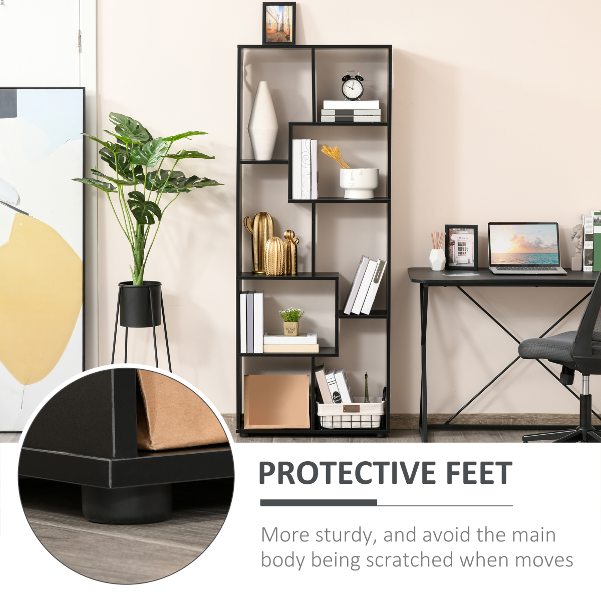 178cm 8-Shelf Bookcase w/ Melamine Surface Foot Pads Black Multipurpose 8-Grid