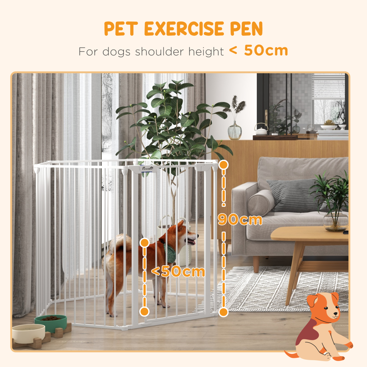 PawHut 2 in 1 Dog Pen, Safety Pet Gate, 6 Panels, for Medium Dogs, 90Hcm - White