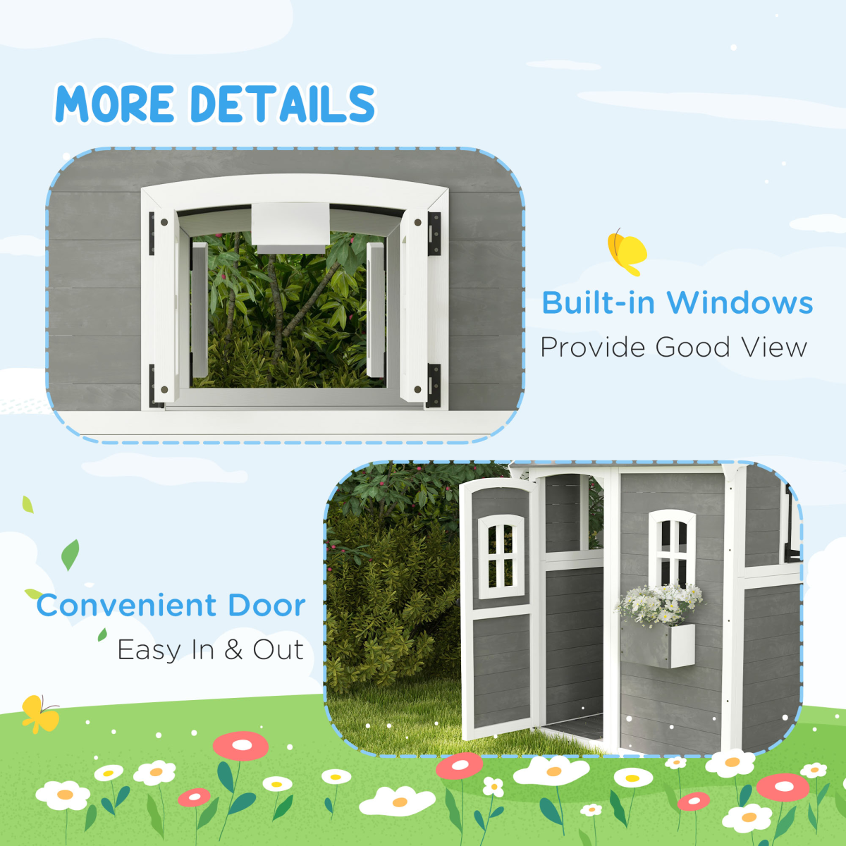 Outsunny Wooden Wendy House for Kids with Floor, for Gardens, Patios - Grey