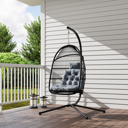 Outsunny Rattan Hanging Egg Chair with Stand, Cushion, Dark Grey