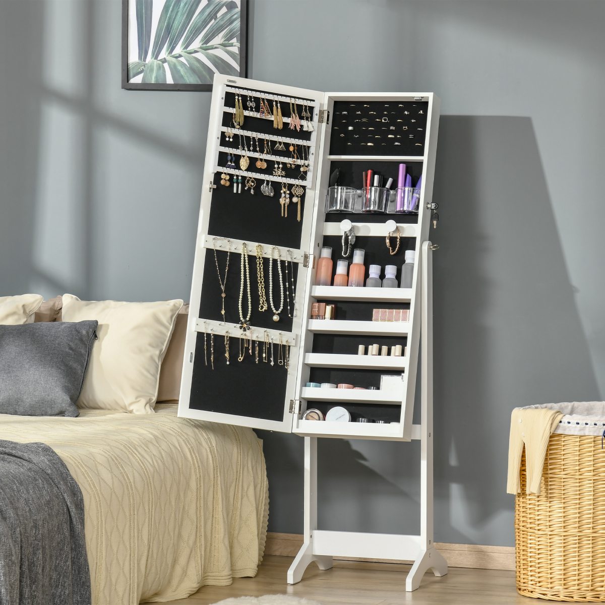 Mirrored Jewellery Cabinet  LED Light Lockable Jewellery Armoire White