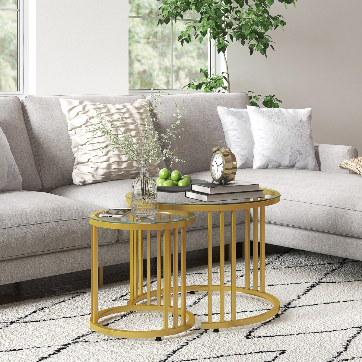 HOMCOM 2 Pieces Round Nesting Coffee Tables with Tempered Glass Top, Gold Tone