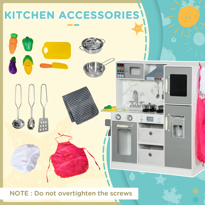 AIYAPLAY Toy Kitchen Playset with Lights, Sounds, Apron, Chef Hat - White