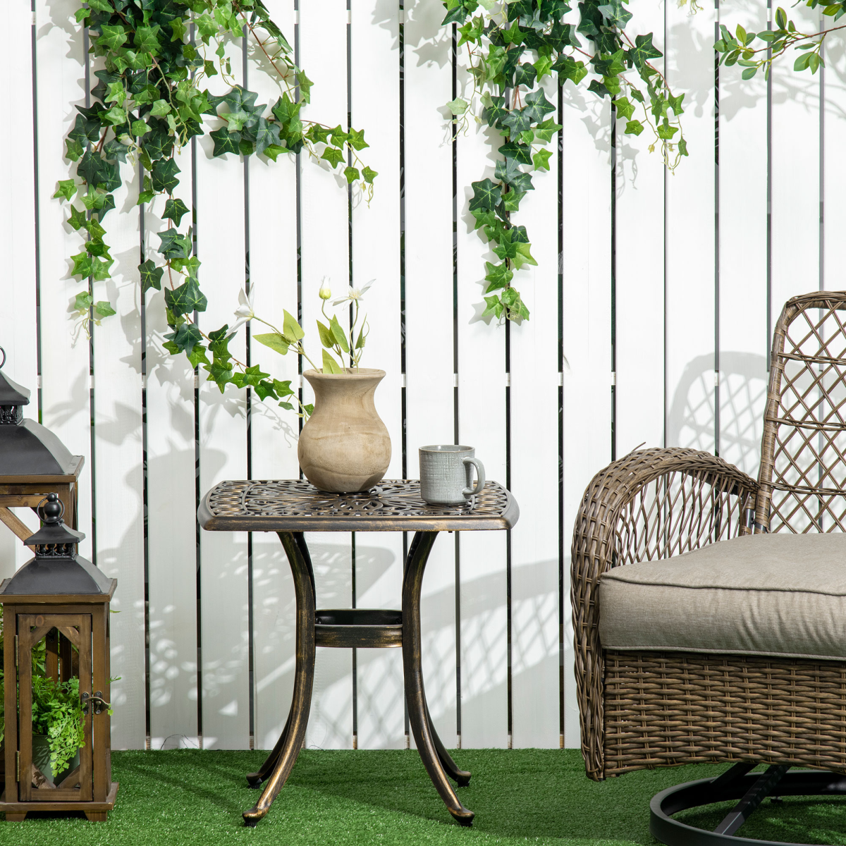 Outsunny 54 x 54cm Aluminium Outdoor Garden Side Table w/ Umbrella Hole, Bronze