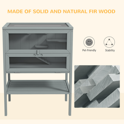 PawHut Wooden Hamster Cage w/ Storage Shelf, Openable Top for Gerbils, Grey
