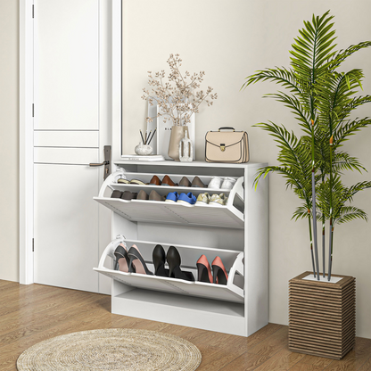 HOMCOM Slim Shoe Storage Cabinet with 2 Flip Drawers for Entryway, White