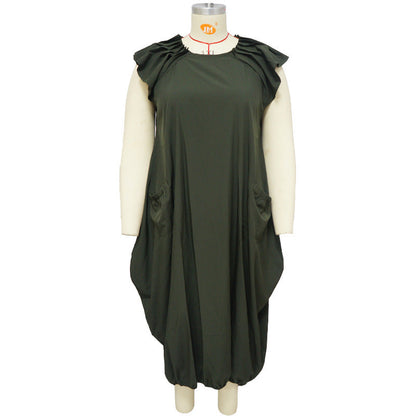 Women's Plus-Size Solid-Color Loose Dress With Two Pockets