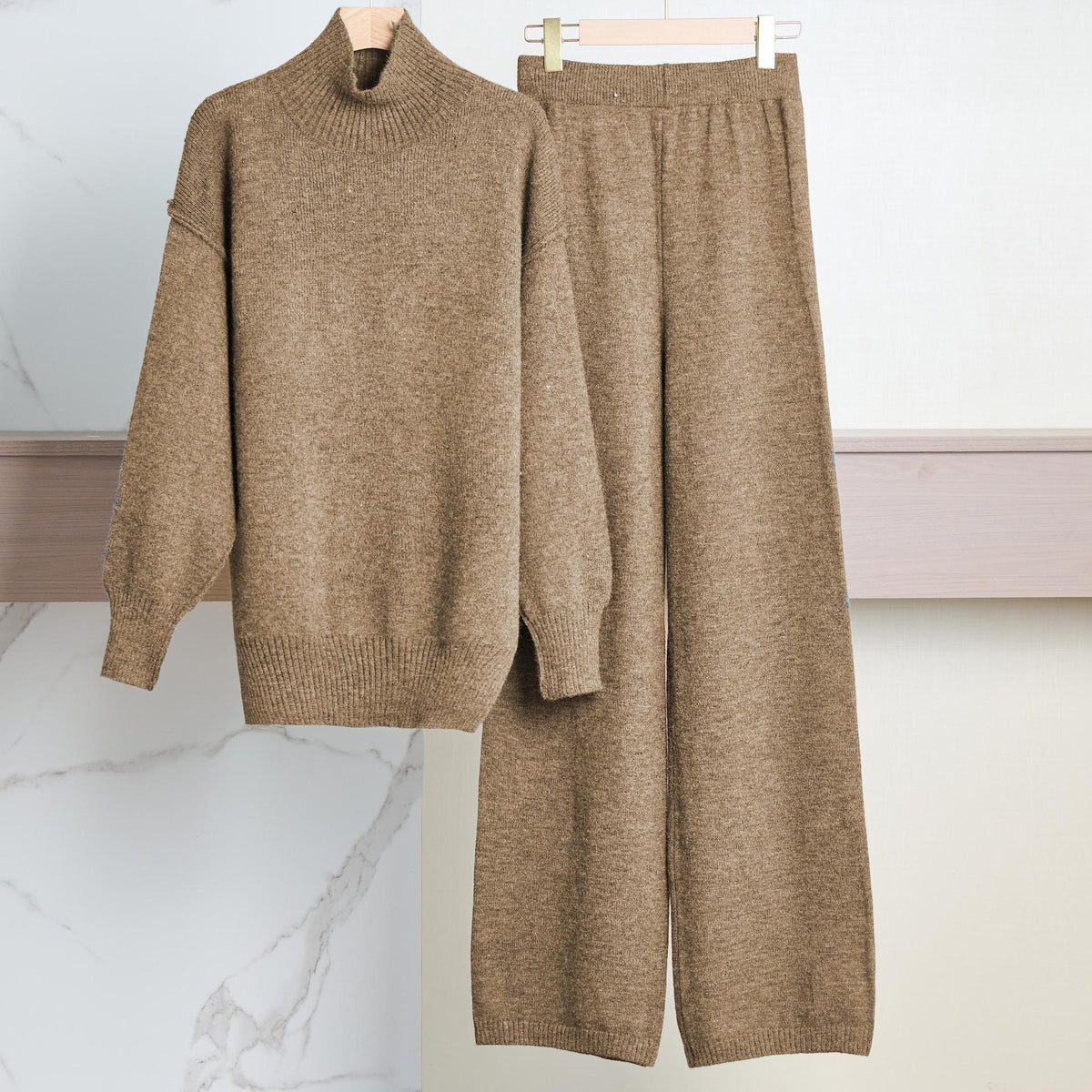 Casual Laid-back Style Solid Color Loose High Collar Knitted Sweater Suit