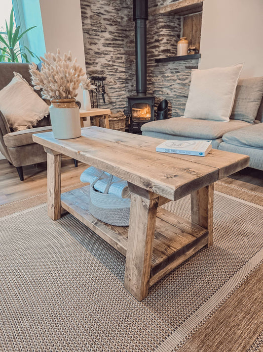 CARA Rustic Wooden Coffee Table With Shelf