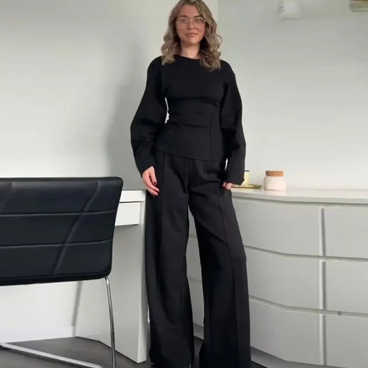Fashion Long Sleeve O-neck Pleated Top Wide Leg Pants Women's Suit