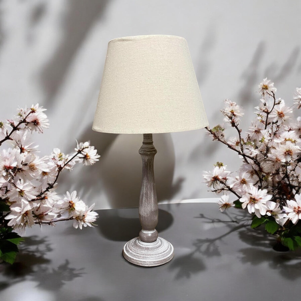 AcaciaHome Stylish & Elegant Tall Wooden Beige Washed 45cm Table Lamp with Taupe Linen Shade – Energy-Efficient E27 Bulb with Shabby Chic Lighting for Bedroom, Living Room & Office