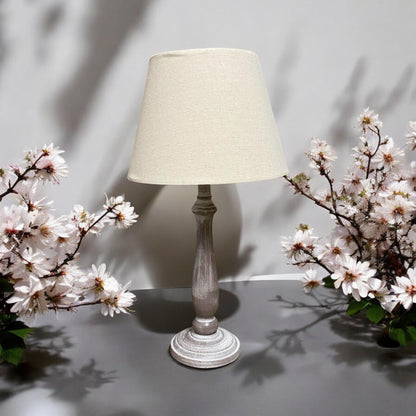 AcaciaHome Stylish & Elegant Tall Wooden Beige Washed 45cm Table Lamp with Taupe Linen Shade – Energy-Efficient E27 Bulb with Shabby Chic Lighting for Bedroom, Living Room & Office