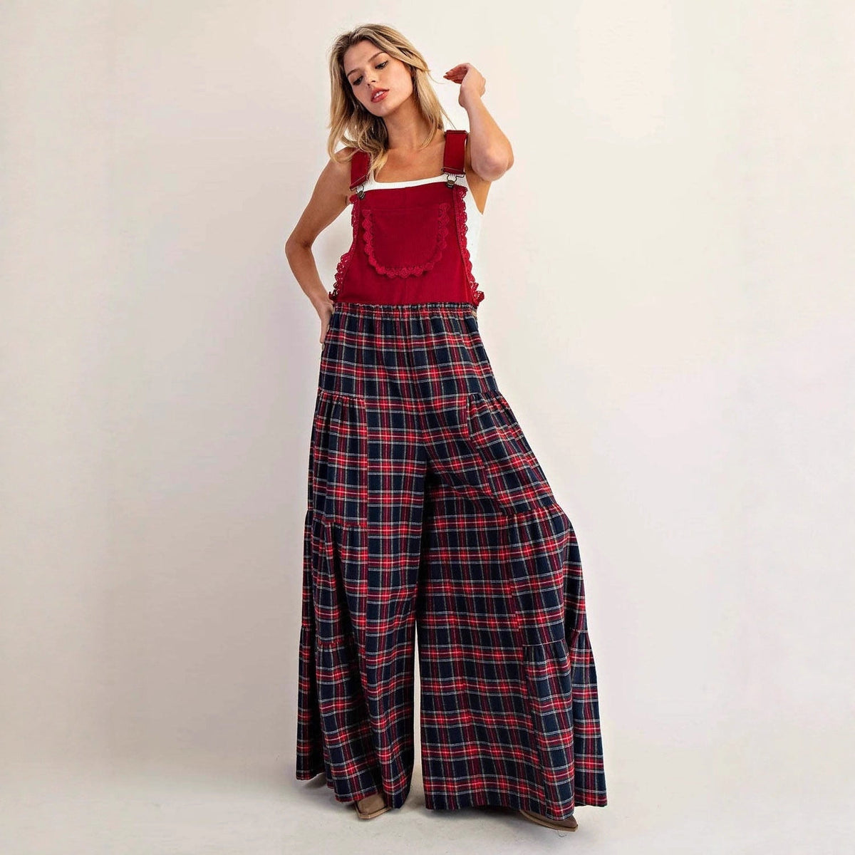Women's Fashionable Loose-fit Slimming Plaid Overalls Pants