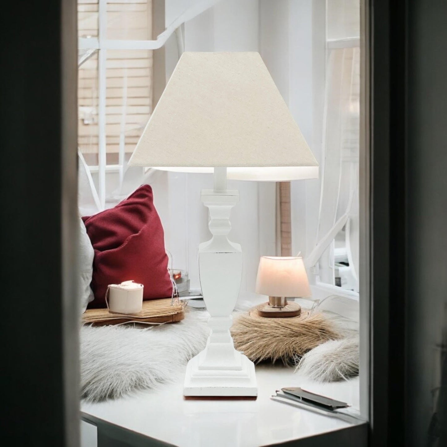 AcaciaHome Stylish & Elegant Tall Wooden Grey Washed 43 cm Table Lamp with Taupe Linen Shade – Energy-Efficient E27 Bulb with Shabby Chic Lighting for Bedroom, Living Room & Office