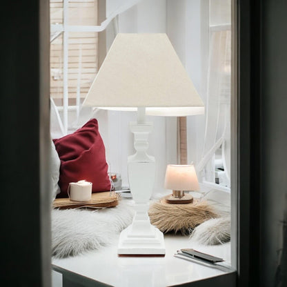 AcaciaHome Stylish & Elegant Tall Wooden Grey Washed 43 cm Table Lamp with Taupe Linen Shade – Energy-Efficient E27 Bulb with Shabby Chic Lighting for Bedroom, Living Room & Office