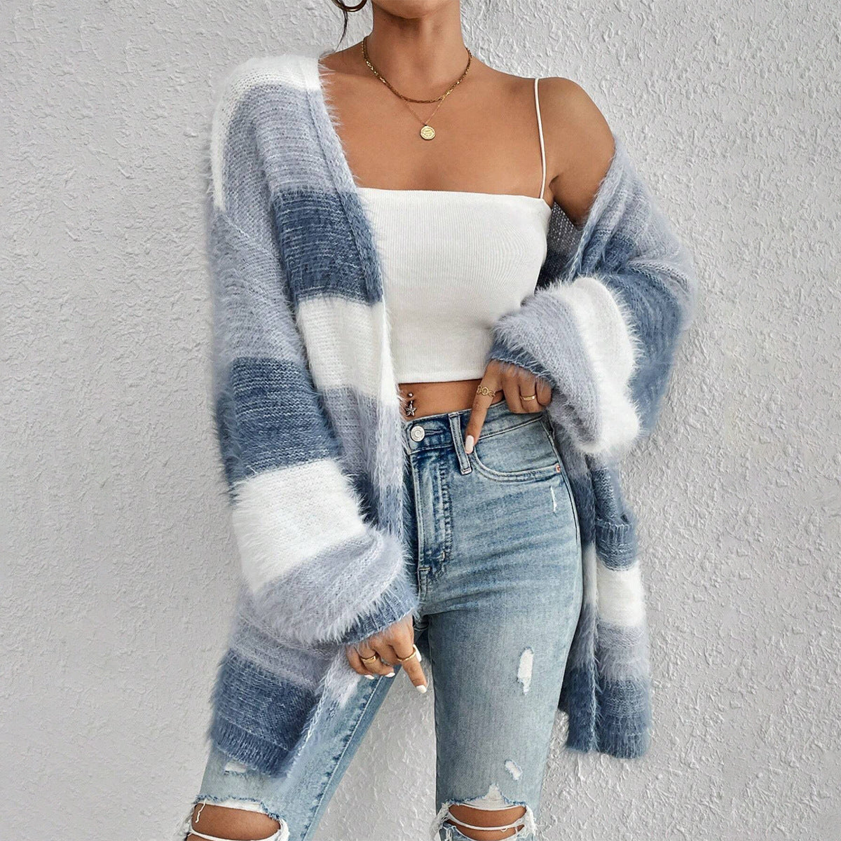 Women's Striped Colorblock Knitted Plush Coat