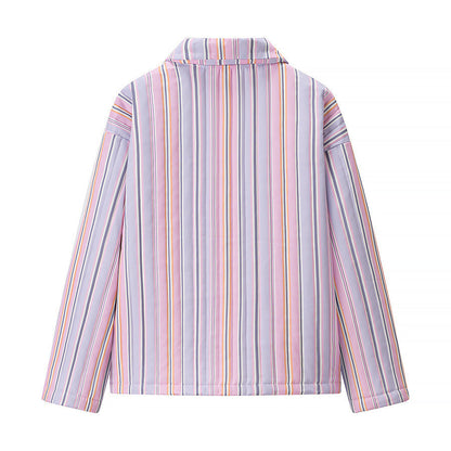 Women's Long-sleeved Polo Collar Stripes Cotton-padded Coat