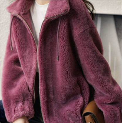 Double Faced Fleece Warm High Neck Sweater Women Cardigan