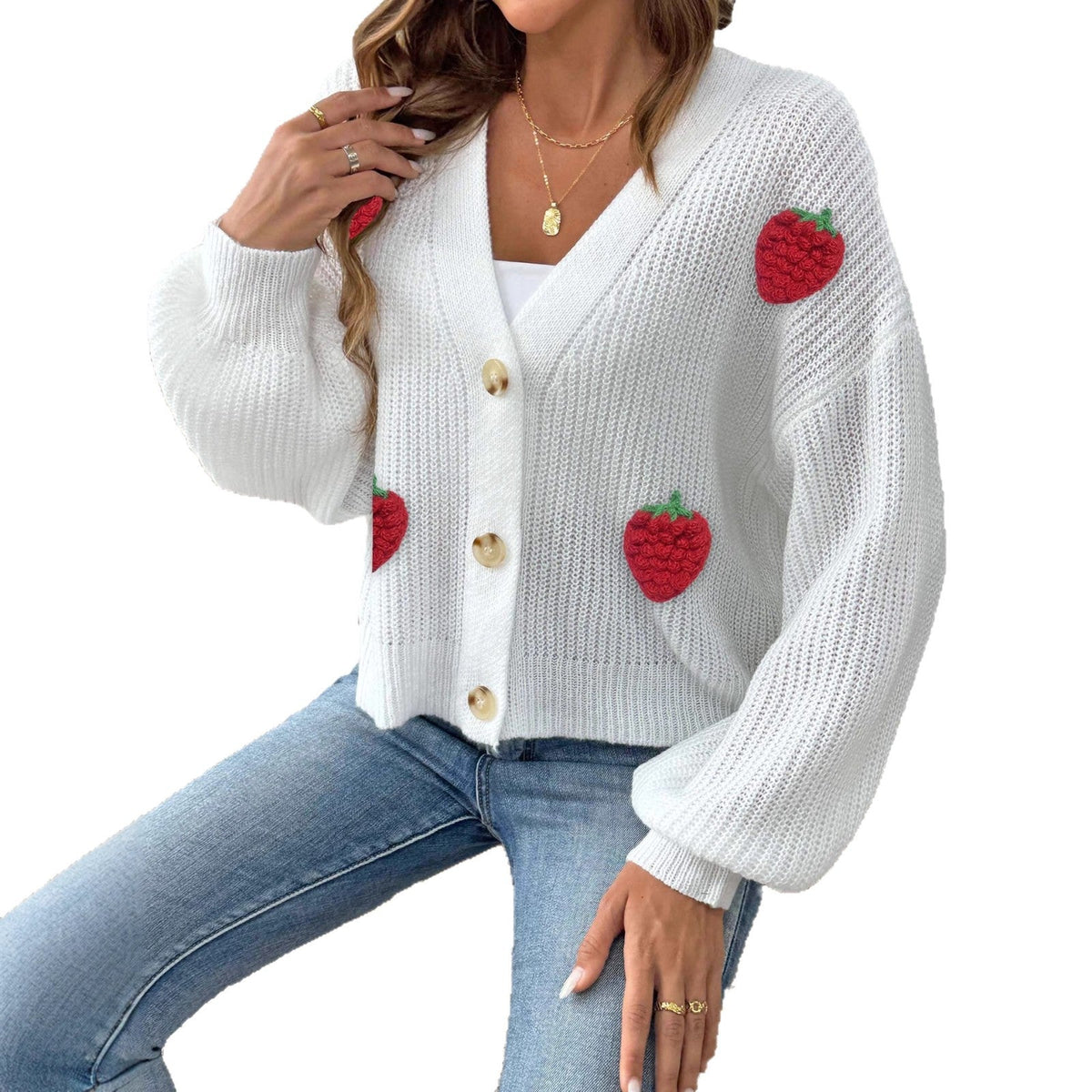 Women's Three-dimensional Strawberry Stitching Cute Cardigan Button Coat