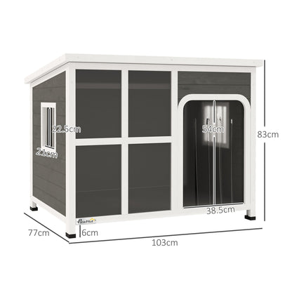 PawHut Wooden Dog House Outdoor with  Asphalt Openable Top, Removable Floor, Clear Front Panel, Curtain, 103 x 77 x 83cm