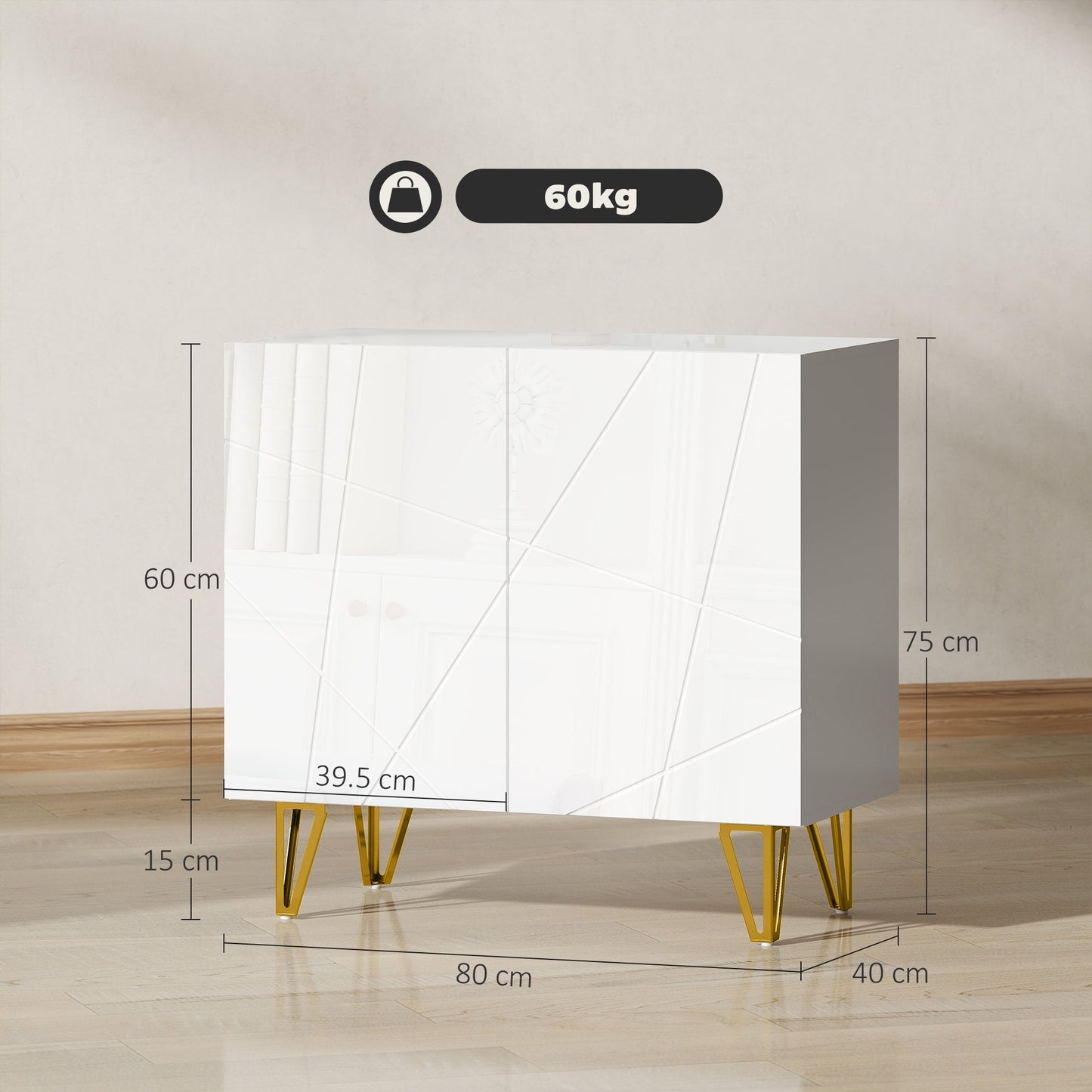 HOMCOM Modern Luxe High Gloss Sideboard, with Hairpin Legs - White