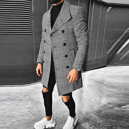 Plaid Double Breasted Lapel Coat Mid Length Coat