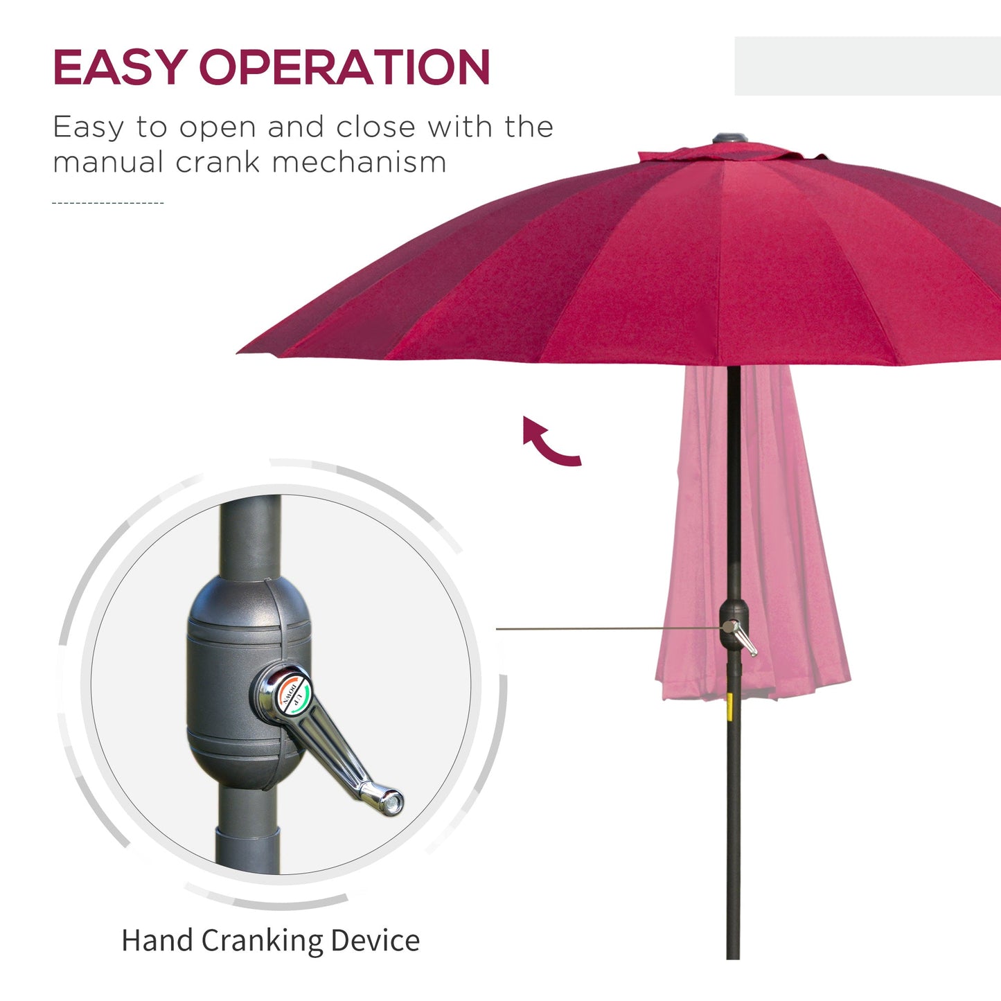 Outsunny 2.5m Shanghai Garden Parasol Umbrella with Crank & Tilt, Adjustable Outdoor Sun Shade, Red