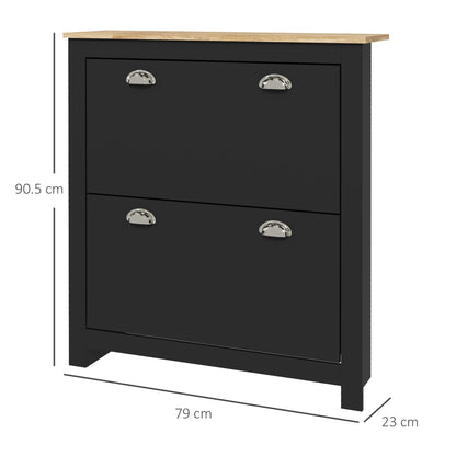 HOMCOM 2 Drawer Shoe Cabinet Modern Narrow Shoe Cupboard Hallway Wooden Storage Organiser with Flip Doors Adjustable Shelf for 12 Pairs, Black