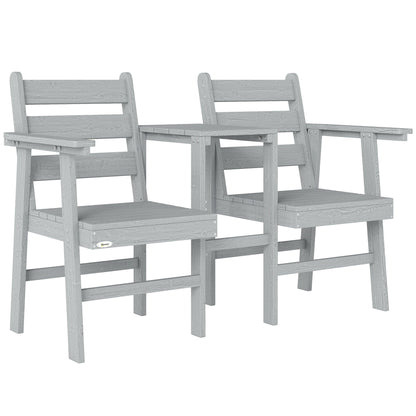 Outsunny Outdoor Garden Loveseat, Embossed Wooden Jack and Jill Garden Seat with Integrated Table, Grey