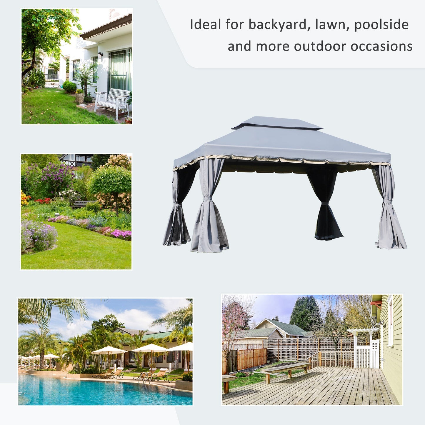 Outsunny 3 x 4m Aluminium Garden\'c2\'a0Gazebo, Marquee Canopy Shelter Pavilion Party Tent with Nets and Curtains for Garden and Deck, Grey