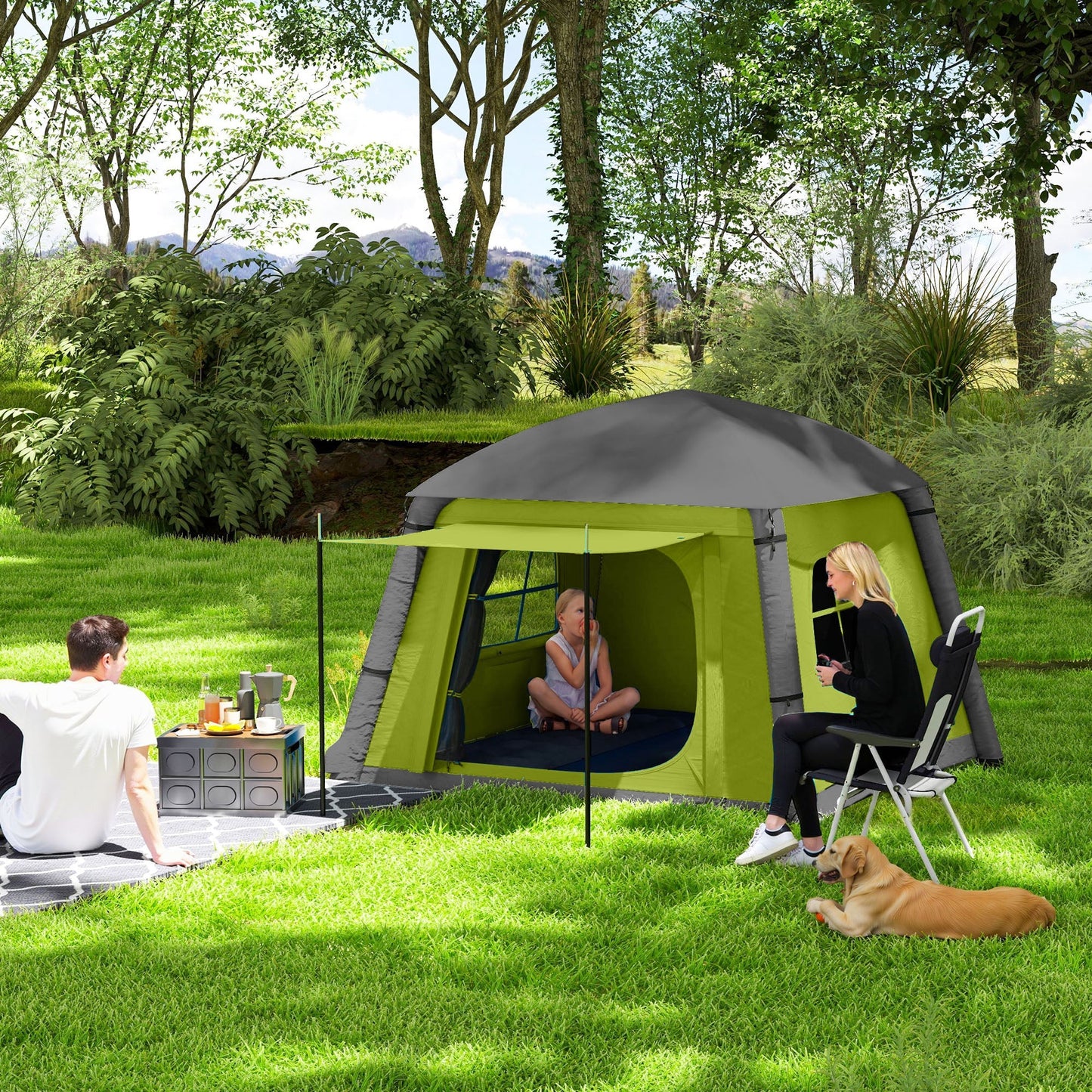 Outsunny Inflatable Camping Tent w/ Hand Pump, Easy Setup 1/2 Person Blow Up Tent Waterproof 190T Taffeta w/ Mesh Windows, Doors and Carry Bag, Green