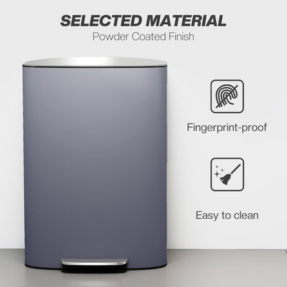 HOMCOM 50L Kitchen Bin with Soft-Close Lid and Stay-Open Function, Stainless Steel Pedal Bin with Removable Inner Bucket, Carry Handle for Kitchen, Office, Home, Grey