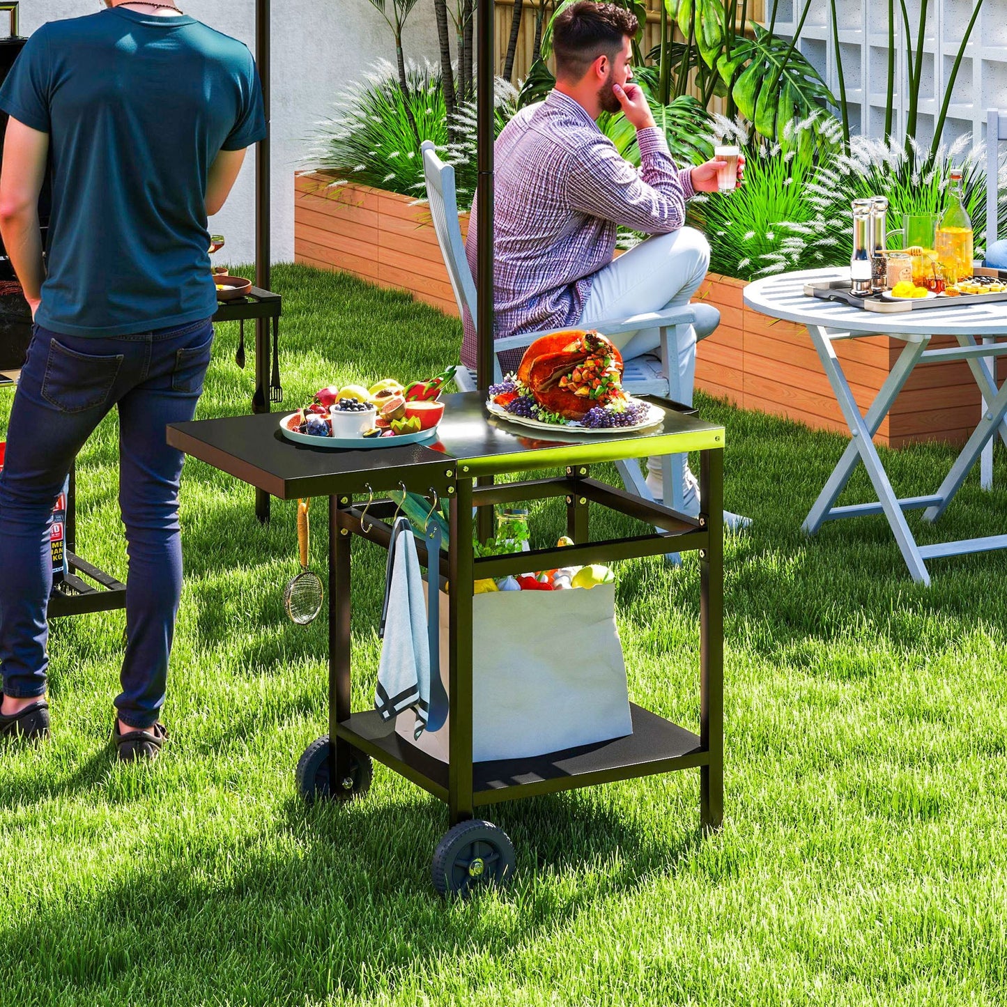 Outsunny BBQ Trolley with Stainless Steel Top and Foldable Side Table, Outdoor Kitchen BBQ Station with Hooks and Shelf, Pizza Oven Table Movable Outdoor Grill Dining Cart with Cover, Black