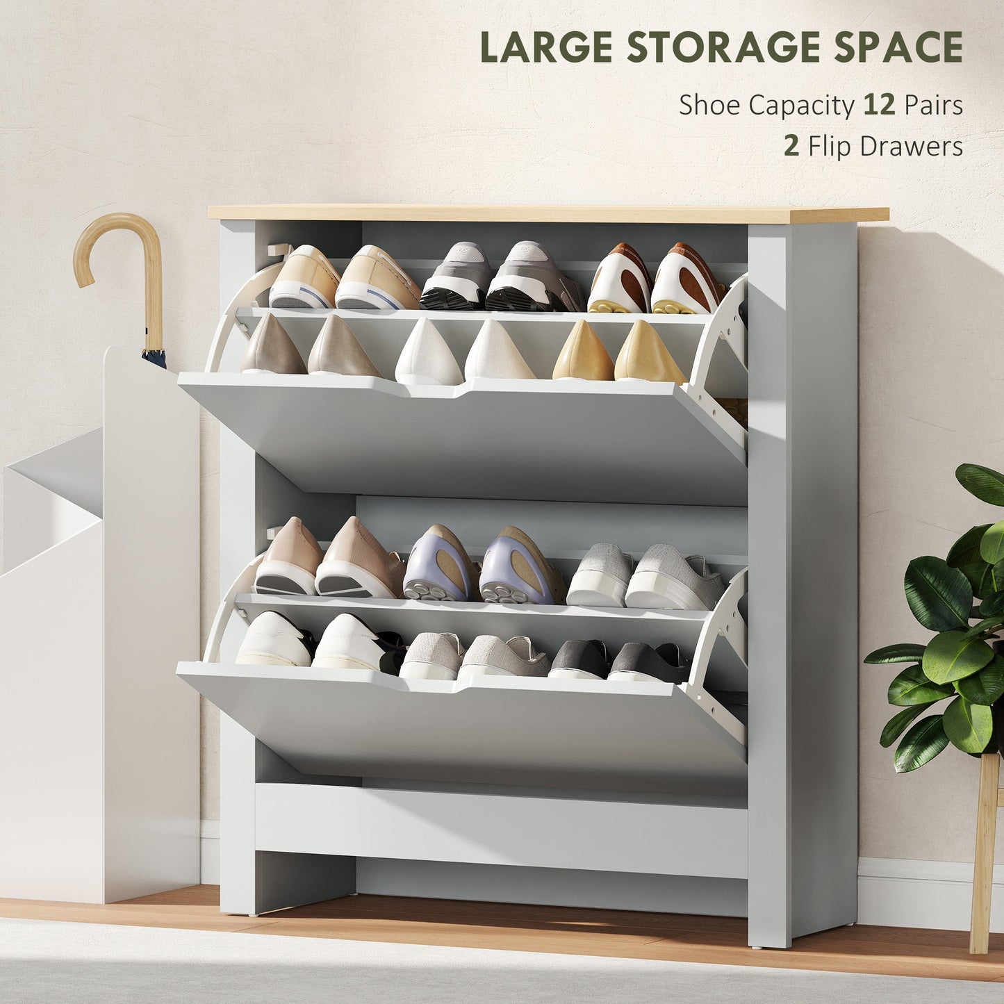 HOMCOM Slim Shoe Cabinet, Narrow Shoe Cupboard with 2 Flip Drawers, Adjustable Shelves for 12 Pairs of Shoes, Light Grey