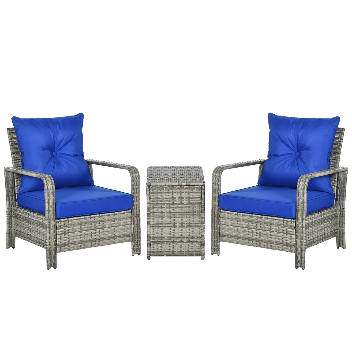 Outsunny 3 Pieces Rattan Bistro Set, Wicker Garden Furniture Set with Storage  Coffee Table and Chairs, Thickened Cushions for Outdoor, Patio, Balcony, Blue