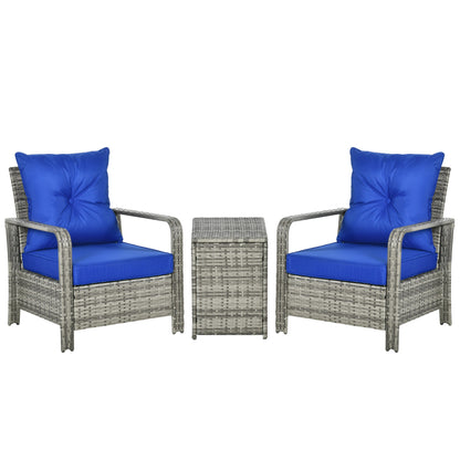 Outsunny 3 Pieces Rattan Bistro Set, Wicker Garden Furniture Set with Storage  Coffee Table and Chairs, Thickened Cushions for Outdoor, Patio, Balcony, Blue
