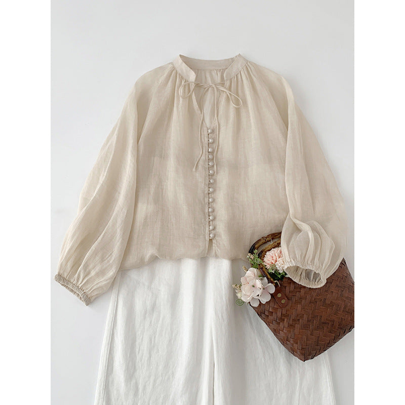 Women's Loose Cotton And Linen Single Row Button Tied Shirt