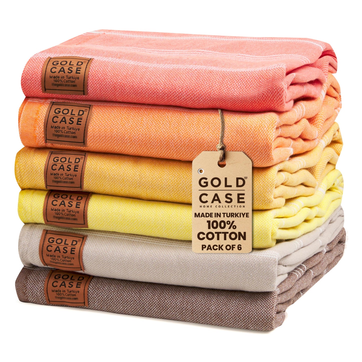 Gold CASE Turkish Beach Towel - Set of 6-100% Cotton - 70x38 inches XXL Oversized - PRE-Washed - Quick Dry Sand Free Turkish Towel