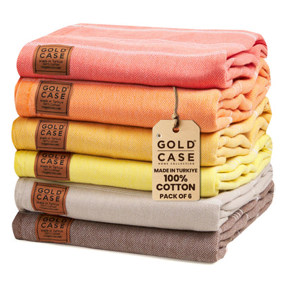 Gold CASE Turkish Beach Towel - Set of 6-100% Cotton - 70x38 inches XXL Oversized - PRE-Washed - Quick Dry Sand Free Turkish Towel