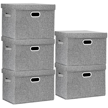 TYEERS Large Storage Box with Lid, Collapsible, Washable, Fabric Storage Box for Clothes, Wardrobe Storage, 44x30x29 cm, Set of 5, Grey