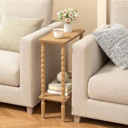 TUTOTAK Narrow Side Table, 2-Tier Small End Table with Storage, Slim Skinny Nightstand for Small Spaces, Living Room, Bedrooms, Natural TB01BN001EU