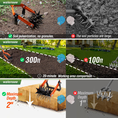 Walensee Rotary Cultivator Tool, Adjustable Garden Hand Tiller with Stainless Steel Pole, 2-in-1 Garden Weeder and Crumbler Soil Cultivator Tool for