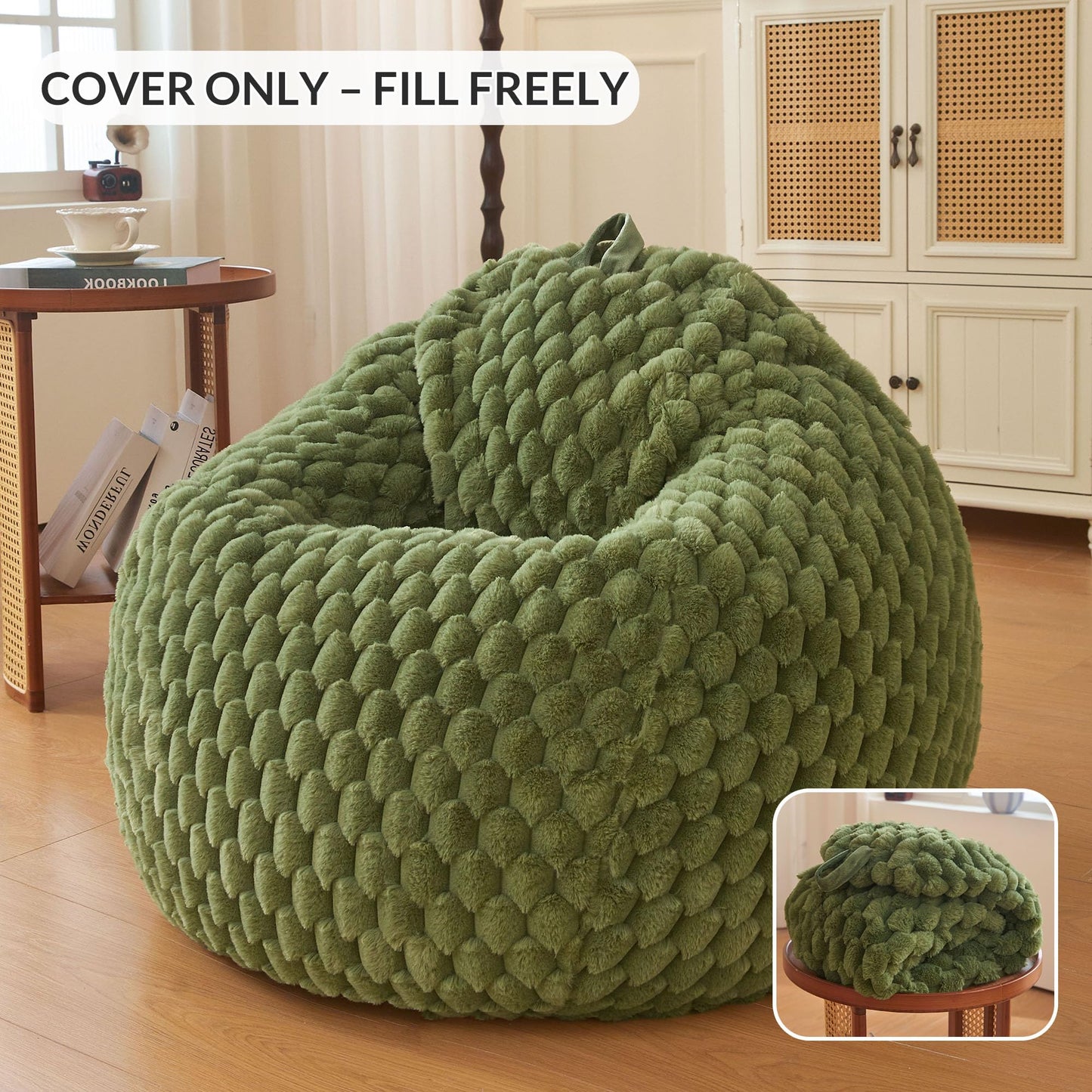XeGe 3D Bubble Fluffy Faux Rabbit Fur Bean Bag Cover(No Filler), Sage Green